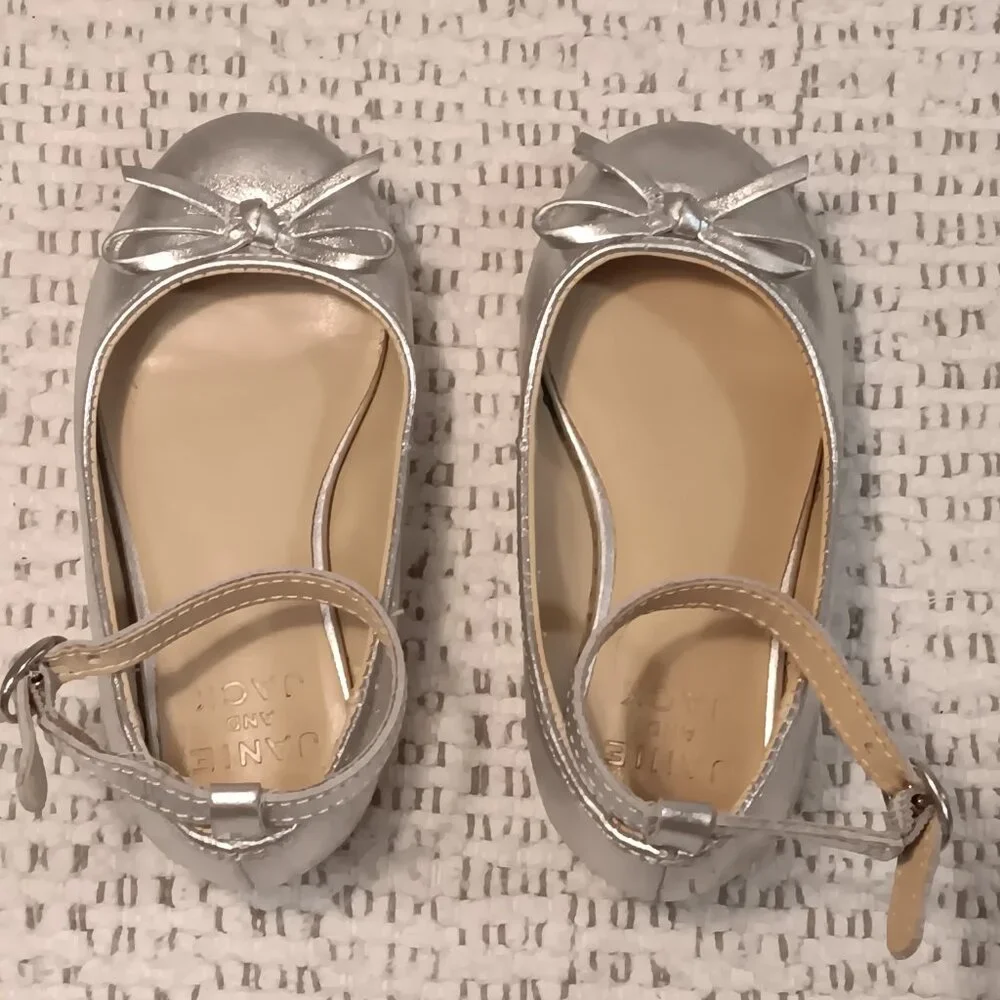 Janie & Jack little girls Metallic Ankle Strap Bow Ballet dress Flats sz 7 -READ